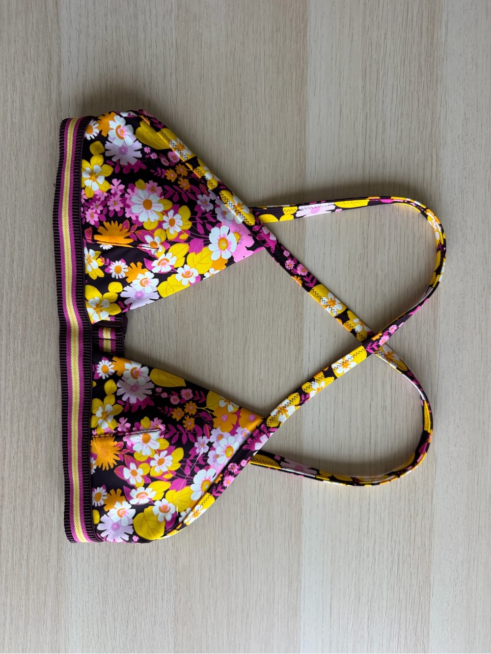Aerie Floral Triangle Bikini Top Size Medium M Criss-Cross Straps Striped Trim